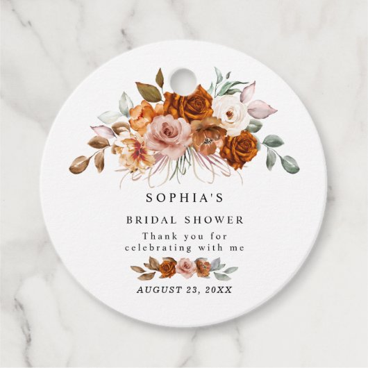 テラコッタ 焼きオレンジの花をあしらったウェディングシャワーパーティー フェイバータグ (正面)