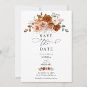 テラコッタ 焼きオレンジの花柄 Save The Date 招待状 (正面)