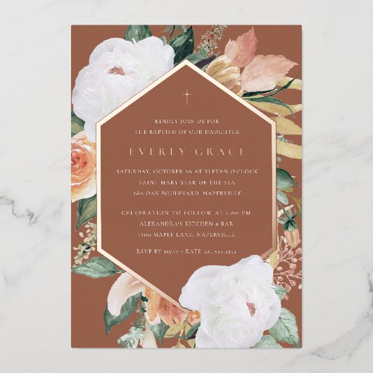 テラコッタ |砂漠のフローラバプテスマ 箔招待状 (正面)