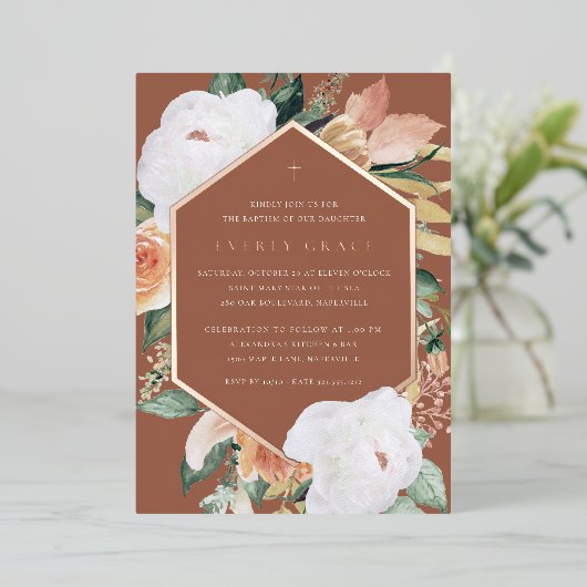 テラコッタ |砂漠のフローラバプテスマ 箔招待状 (立ち正面)