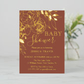テラコッタ&金ゴールドモダンフローラベビーシャワー 箔招待状 (立ち正面)
