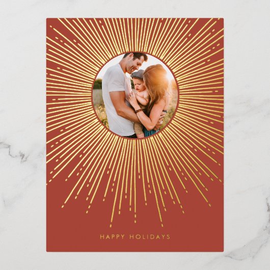 テラコッタ&金ゴールド日が差すことフレームクリスマスフォト 箔シーズンポストカード (正面)