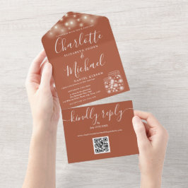 テラコッタQRコードメイソンJARストリングライツ結婚ズ オールインワン招待状
