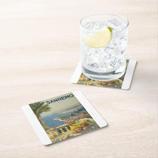 テラスからサンレモのヴィンテージ旅行ポスター スクエアペーパーコースター (インサイチュ)