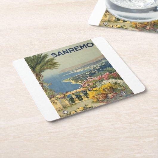 テラスからサンレモのヴィンテージ旅行ポスター スクエアペーパーコースター (アングル)