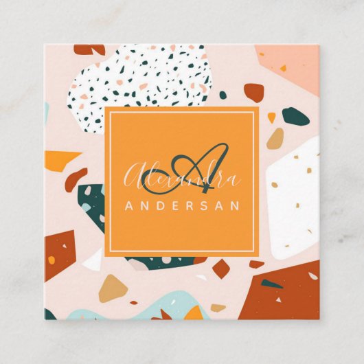 テラゾオレンジモダン色赤面花崗岩パターン名 スクエア名刺 (正面)