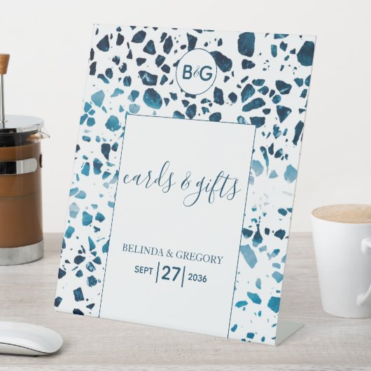 テラゾモザイクブルーウェディングカード&ギフト 台座サイン (インサイチュ)