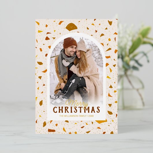 テラゾモダンークリスマスフォトフォイルホリデーカード 箔シーズンカード (立ち正面)
