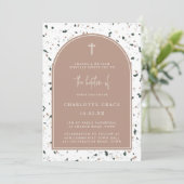 テラッツォピンクグリーンモダンアーチミニマリスト洗礼 招待状 (スタンド正面)