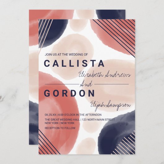 テラモダンコッタネイビーージュウォーター結婚カラー 招待状 (正面/裏面)