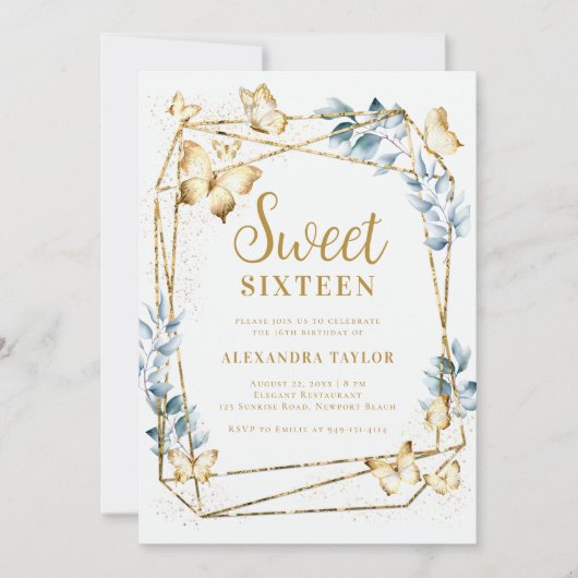テラリウム幾何学的フレーム金ゴールドバタフライスウィート16 招待状 (正面)