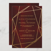 テラリウム金ゴールド幾何学模様結婚フレームバーガンディ 招待状 (正面/裏面)