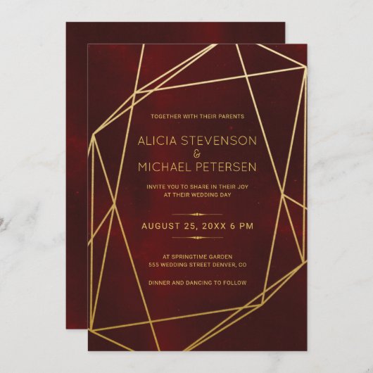 テラリウム金ゴールド幾何学模様結婚フレームバーガンディ 招待状 (正面/裏面)