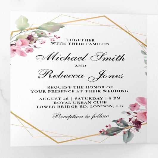 テラリモダンウムピンクフローラフォトコラージュ結婚ズ 三つ折り招待状 (内部最初)