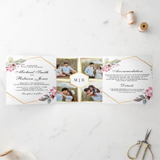 テラリモダンウムピンクフローラフォトコラージュ結婚ズ 三つ折り招待状 (内部)