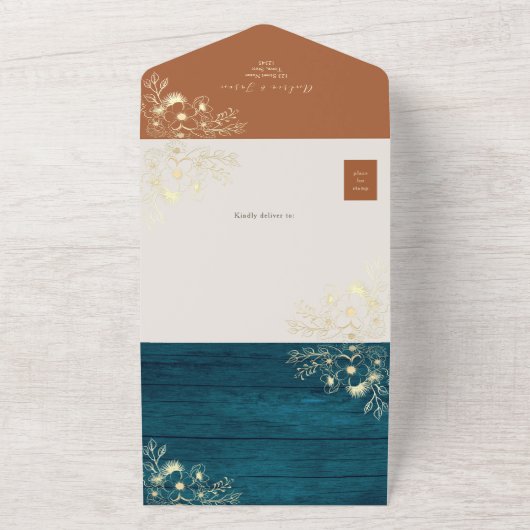 テラ素朴コッタティール(緑がかった色)秋の結婚式 オールインワン招待状 (外側)