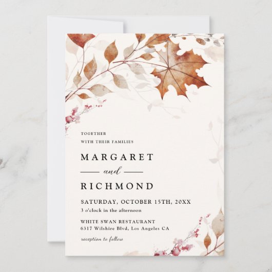 テラ素朴コッタ離れウォーターカラー秋の結婚式 招待状 (正面)