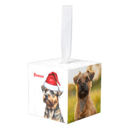 テリア縁どドッグ2枚の写真クリスマスホリデー キューブオーナメント