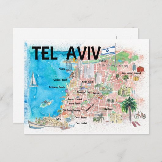 テルアビブ図解入りの、写真付きのイスラエルの地図 ポストカード (正面/裏面)