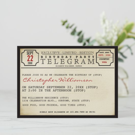 テレグラムスタイル誕生日パーティーの招待 招待状 (スタンド正面)