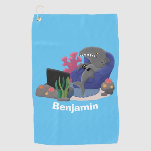 テレビおもしろいアニメを見ているサメ ゴルフタオル (正面)