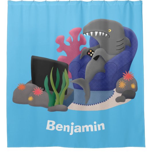 テレビおもしろいアニメを見ているサメ シャワーカーテン (正面)