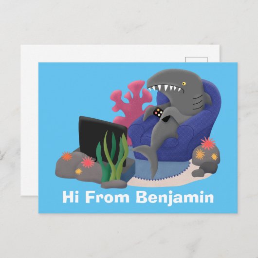 テレビおもしろいアニメを見ているサメ ポストカード (正面/裏面)