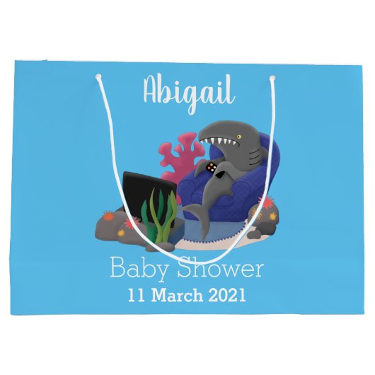 テレビおもしろいアニメを見ているサメ ラージペーパーバッグ (裏面)