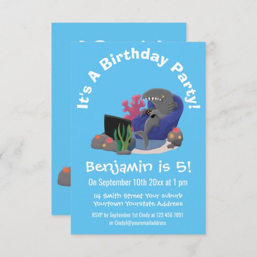 テレビおもしろいアニメを見ているサメ 招待状 (正面/裏面)