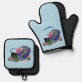 テレビおもしろいアニメを見ているサメ 鍋つかみ&鍋敷きセット (正面/裏面)