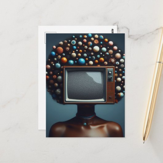 テレビを頭に付けた自然黒髪の人 ポストカード (正面/裏面インサイチュ)
