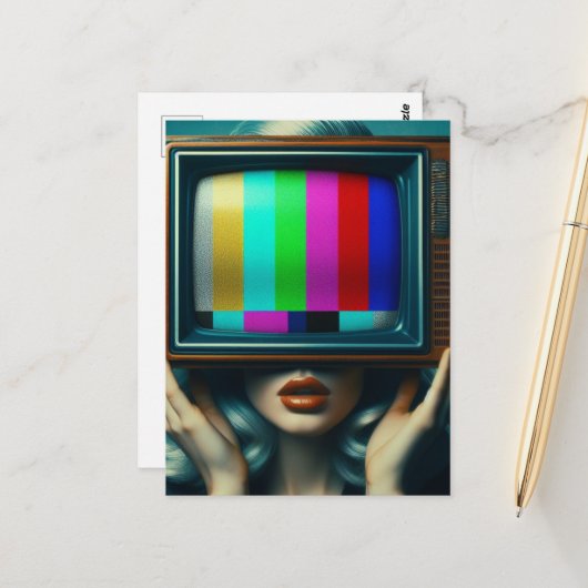 テレビを頭に浮かべた銀髪の女性 ポストカード (正面/裏面インサイチュ)