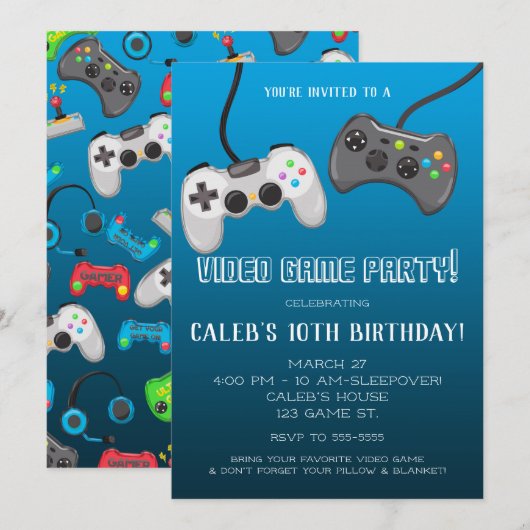 テレビゲームのコントローラー ゲーマーの誕生日パーティー 招待状 (正面/裏面)