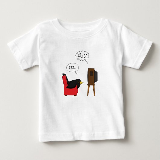 テレビ漫画の前で眠るブラックバード ベビーTシャツ (正面)