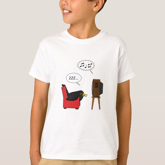 テレビ漫画の前で眠るブラックバード Tシャツ (正面)