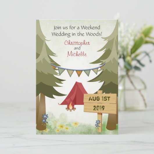 テントとキャンプファイアーウッドランド結婚キャンピングズ 招待状 (スタンド正面)