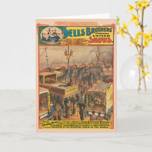 テントの中で展示される動物のサーカスのポスター カード (黄色い花)