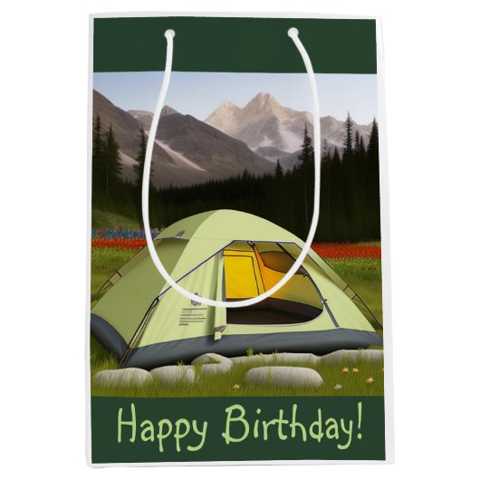 テントキャンプ誕生日 ミディアムペーパーバッグ (正面)