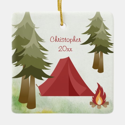 テントパーソナライズされたとキャンプファイヤーキャンピングクリスマス セラミックオーナメント (正面)