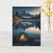 テント、山、湖のキャンプをテーマにしたアート カード (黄色い花)
