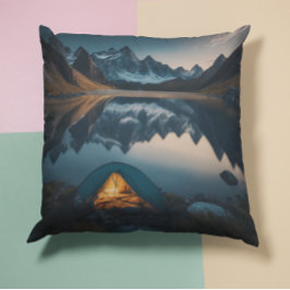 テント、山、湖のキャンプをテーマにしたアート クッション