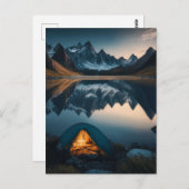 テント、山、湖のキャンプをテーマにしたアート ポストカード (正面/裏面)