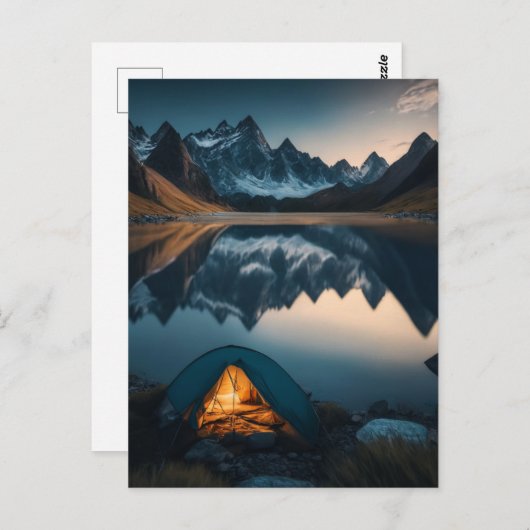 テント、山、湖のキャンプをテーマにしたアート ポストカード (正面/裏面)