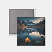 テント、山、湖のキャンプをテーマにしたアート マグネット (正面/裏面)