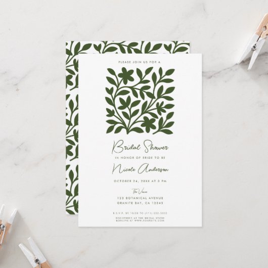 テンドリルガーデングリーンつる植物フローラブライダルシャワー 招待状 (正面/裏面インサイチュ)