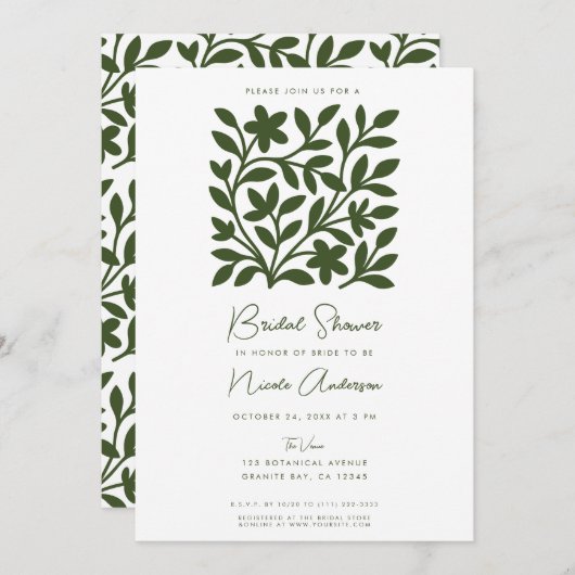 テンドリルガーデングリーンつる植物フローラブライダルシャワー 招待状 (正面/裏面)