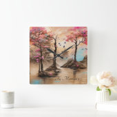 テンプル日本のズの花の森 スクエア壁時計 (ホーム)