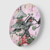 テンプル日本の・ツバメ・さくらんぼ・ブロッサム・ジャパン ラージ壁時計 (傾斜)