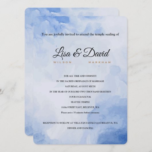 テンプル結婚ズ&披露宴招待状 – ブルーウォーター色 招待状 (正面/裏面)