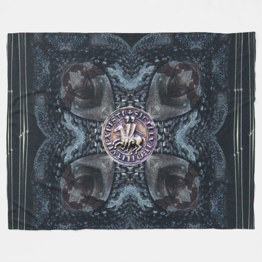 テンプル騎士団の紋章が刻まれた黒い鉄の十字架 フリースブランケット (正面(横))